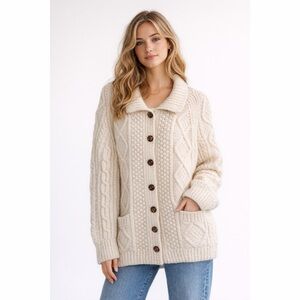 Aran Handknit Cable Knit Fisherman Cardigan - Wool - Handmade